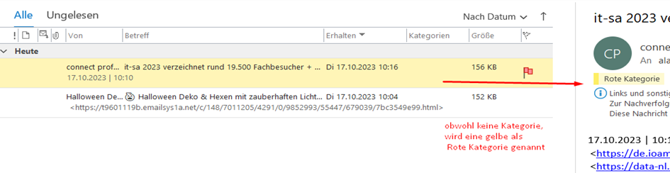 Falsche Zuordnung der Outlook-Kategorie einer Email