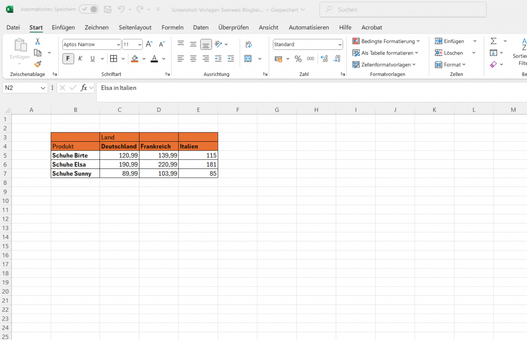 Excel-Tabelle, die die Preise für verschiedene Schuhe in verschiedenen Ländern enthält.