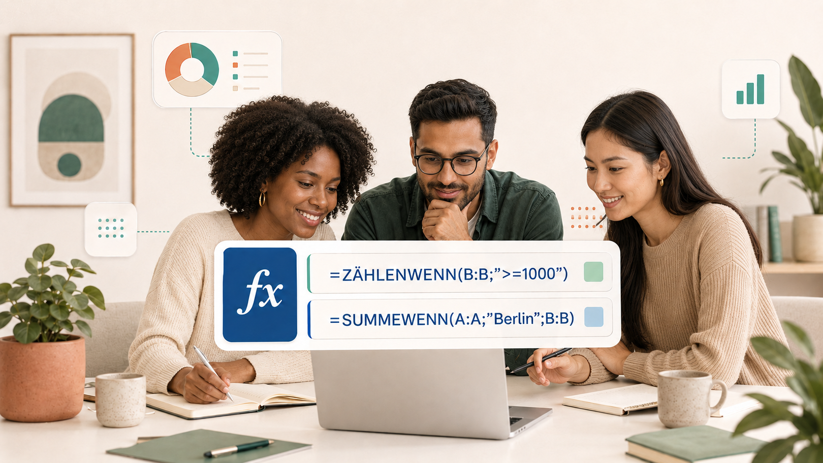 =ZÄHLENWENN(B:B;">=1000") =SUMMEWENN(A:A;"Berlin";B:B)