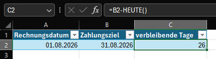 Darstellung der HEUTE() -Funktion in Excel