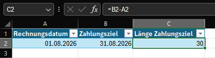 Darstellung der Subtraktion von Datums-Angaben in Excel