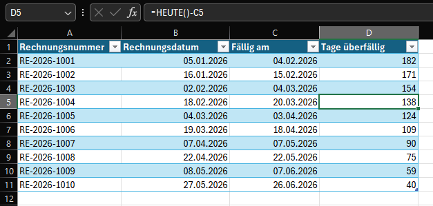 Praxisbeispiel zur Datumsfunktion in Excel mit Rechnungsdatum