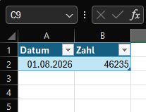 Darstellung einer Datumsangabe in Excel im Datums- und Zahlen-Format