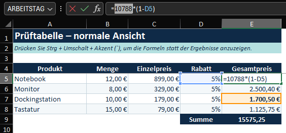 Formelauswertung mit F9
