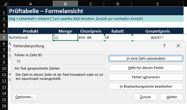 Fehlerüberprüfung in Excel