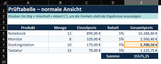 Prüftabelle - normale Ansicht