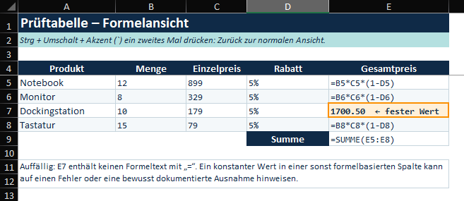 Prüftabelle - Formelansicht