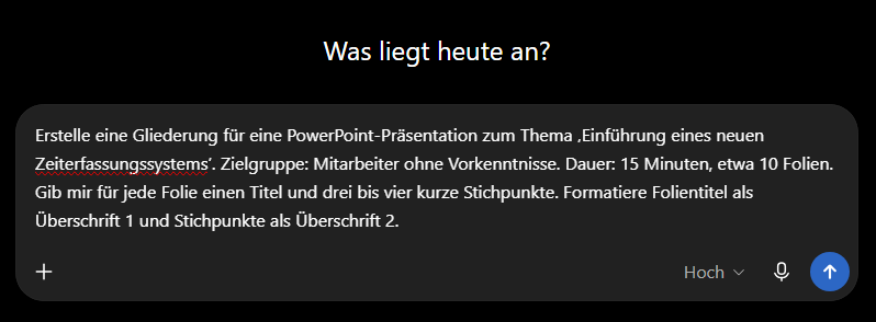 Anfrage in ChatGPT für die Erstellung einer PowerPoint Präsentation.