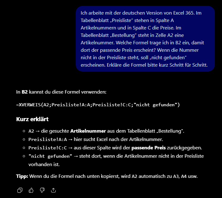 Anfrage in ChatGPT für XVERWEIS Formel