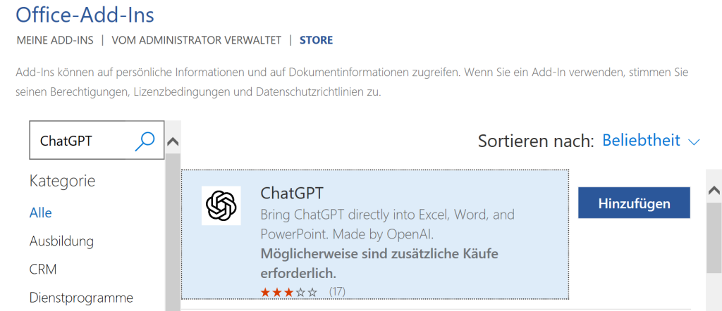 Add-in-Suche in Word mit dem Eintrag ChatGPT von OpenAI