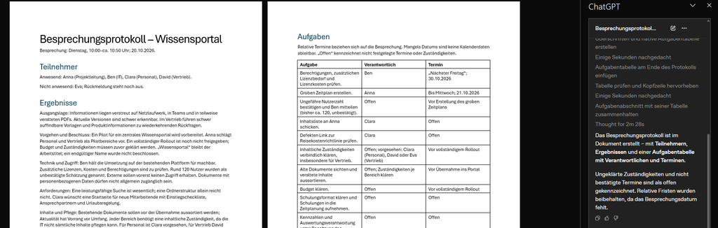 Fertiges Besprechungsprotokoll in Word mit Aufgabentabelle, erstellt mit ChatGPT