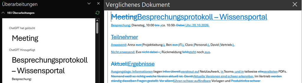 Word vergleicht zwei Fassungen eines Dokuments und markiert die Änderungen