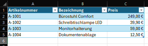 Screenshot einer fiktiven Preisliste in Excel.