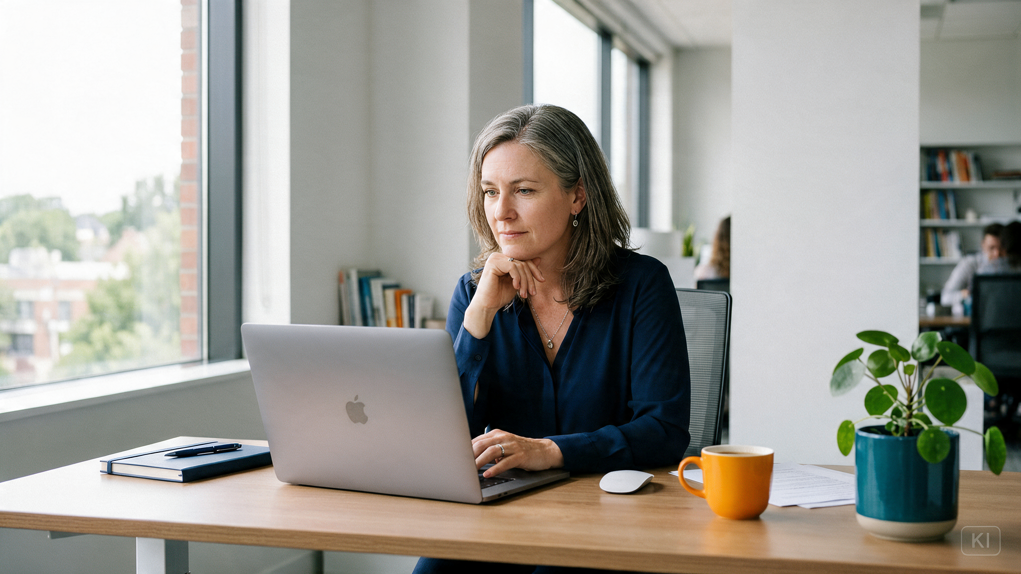 Frau am Laptop in sonnigem Büro.